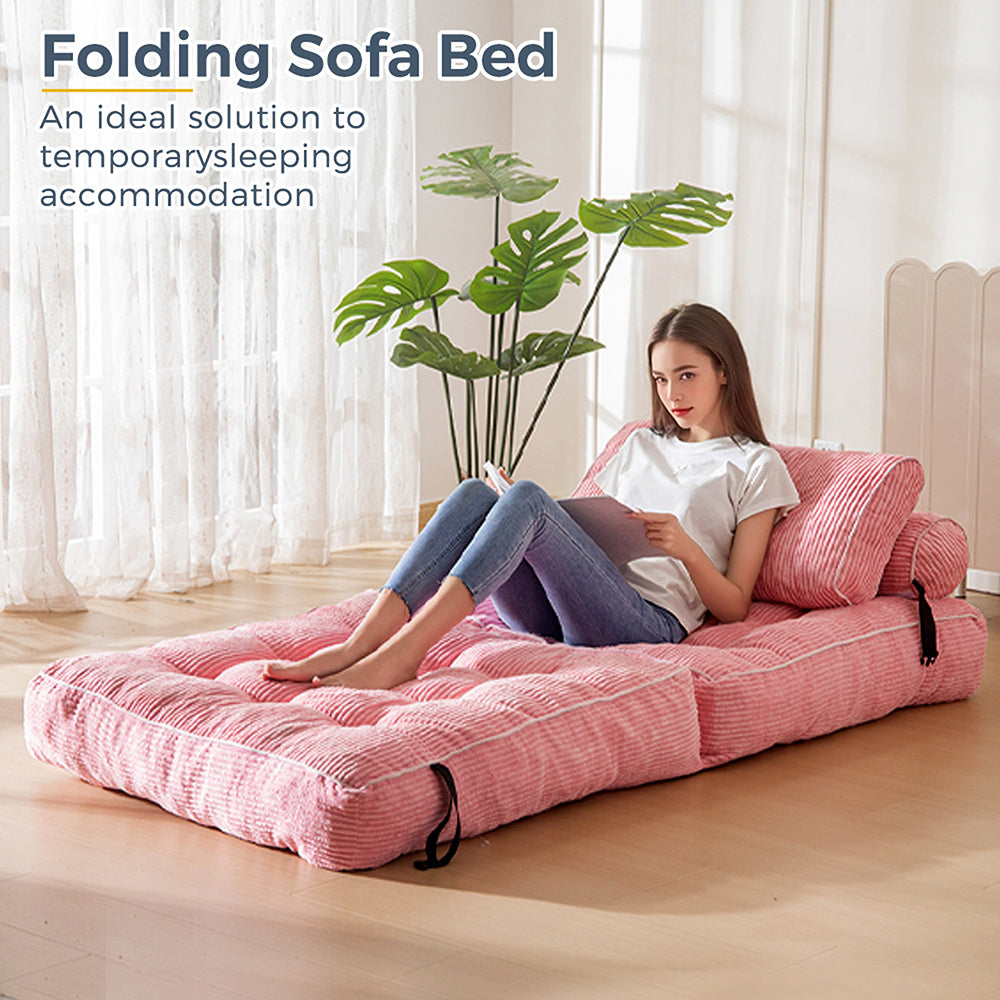 MAXYOYO Corduroy Folding Sofa Bed, Convertible Sleeper Chair with Pillow Foldable Mattress with Back Support, Pink