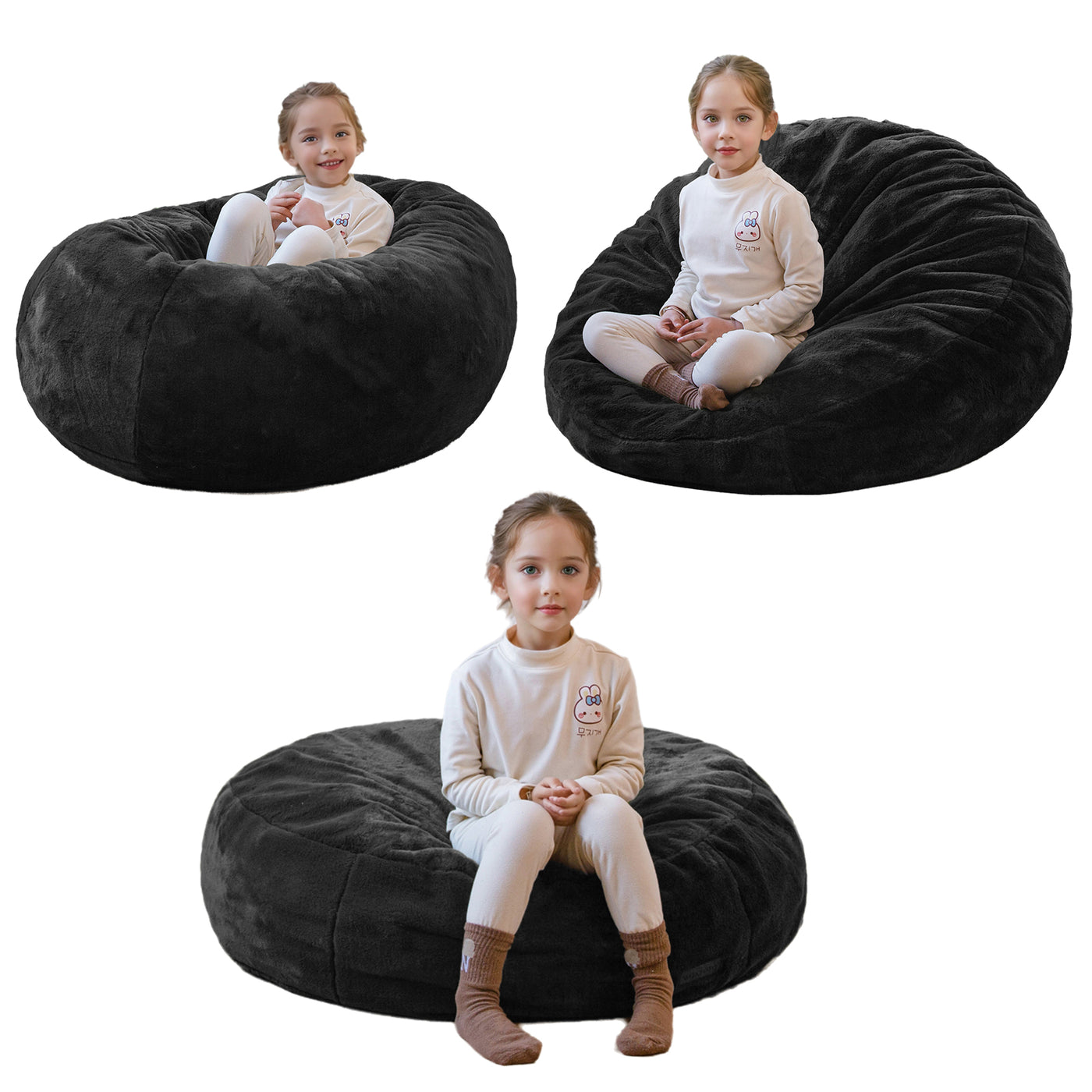 MAXYOYO 3 in 1 Kids Bean Bag Chair Bed, Faux Fur Round Child Floor Sofa for Gaming, Reading (Black)