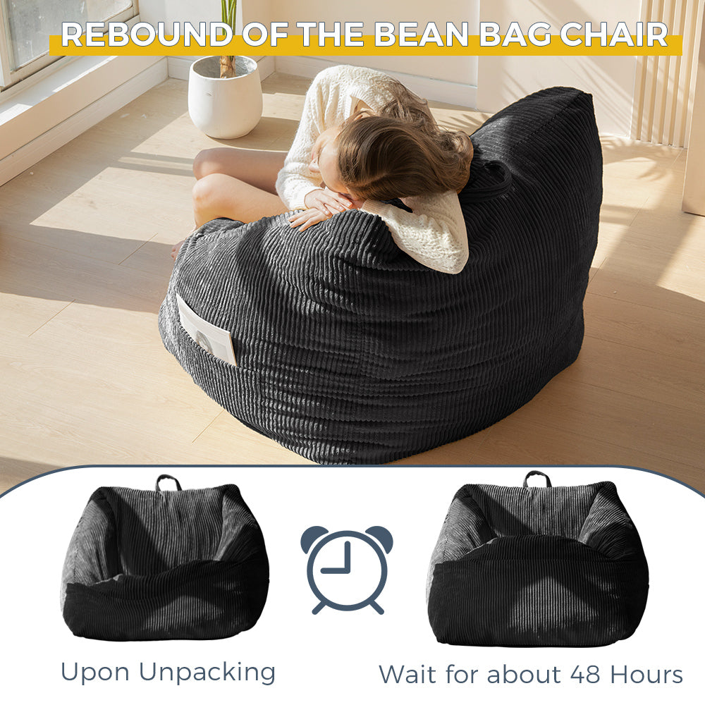 MAXYOYO Bean Bag Chair, Floor Sofa with Handle, Teens Living Room Accent Sofa Chair with Pocket for Gaming Reading Relaxing (Black)