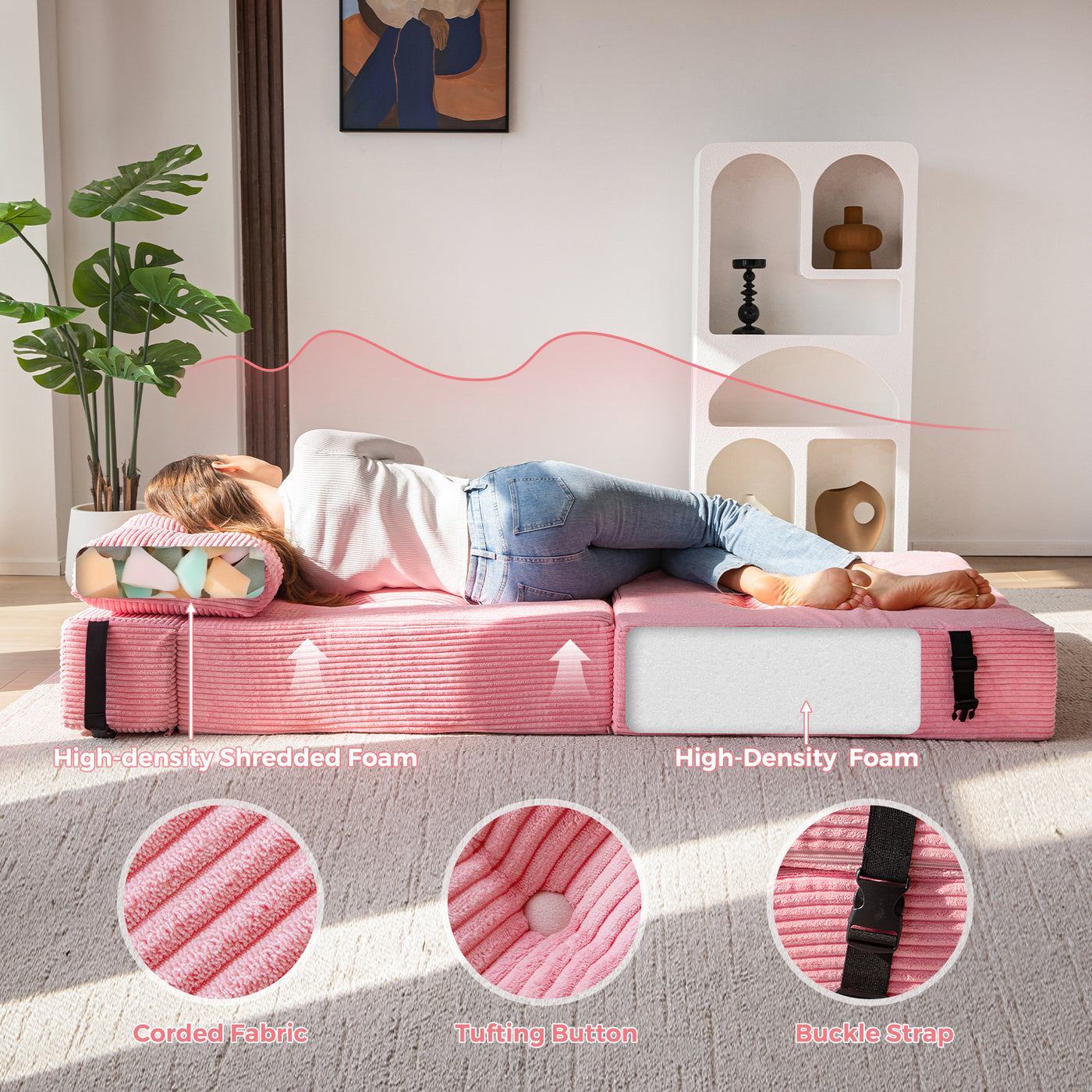 MAXYOYO Folding Sofa Bed, Convertible Sofa Bed with High-Density Support Foam for Living Room Bedroom, Pink