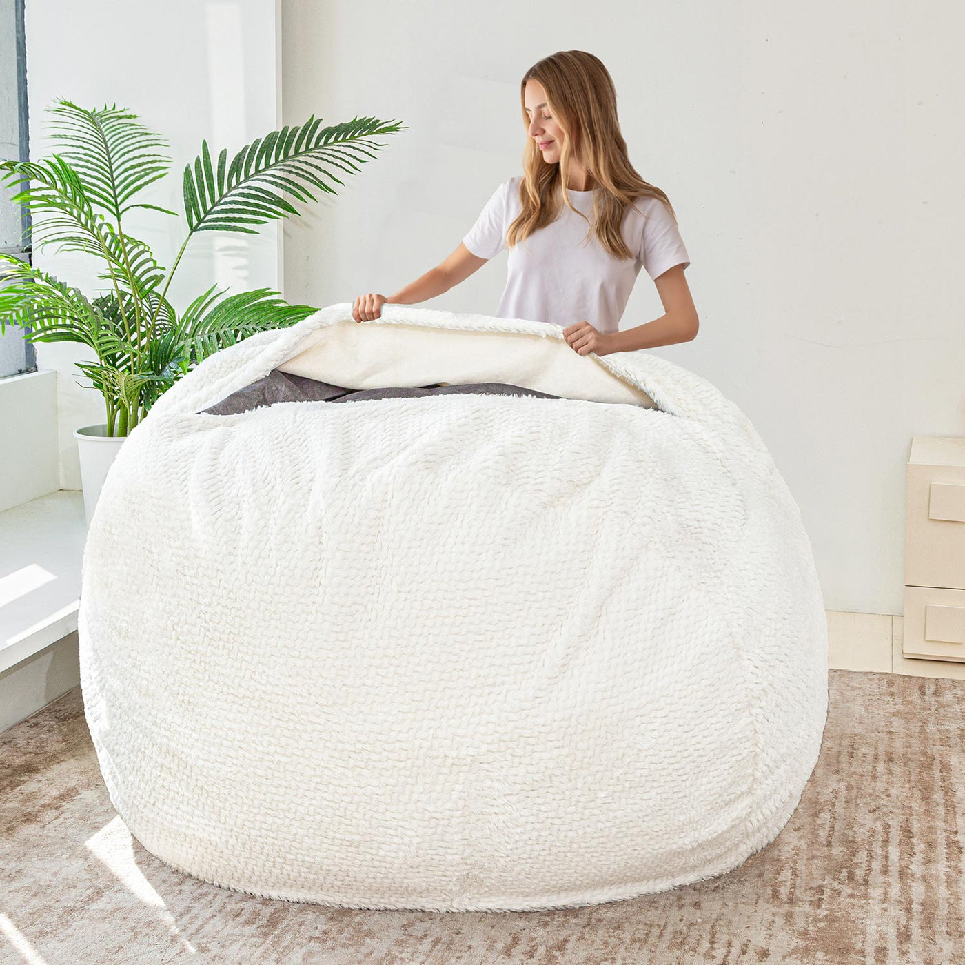 MAXYOYO Bean Bag Bed, BeanBag Chair to Velvet Bed with Faux Fur Printing Removable Cover for Living Room Bedroom, Beige