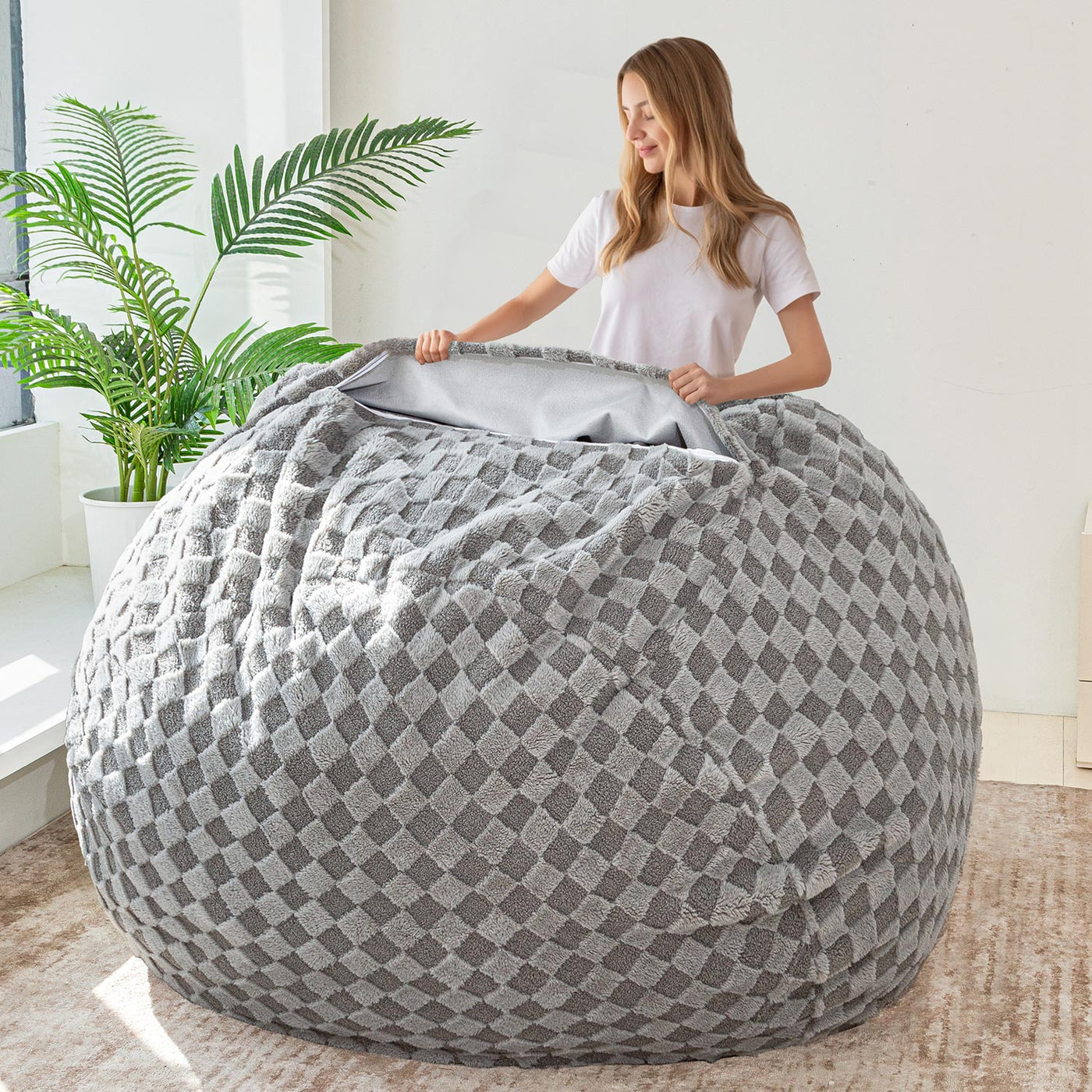 MAXYOYO Bean Bag Bed, Giant Bean Bag Chair to Bed with Jacquard Shaggy Plush Removable Cover for Living Room Bedroom, Grey