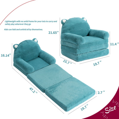 MAXYOYO Plush Foldable Kids Sofa, Children Couch Backrest Armchair Bed, Turquoise