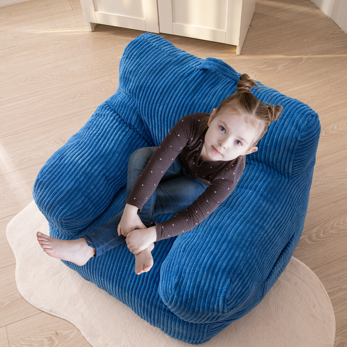 MAXYOYO Kids Bean Bag Chair, Corduroy Bean Bag Couch with Armrests for Children's Room (Blue)