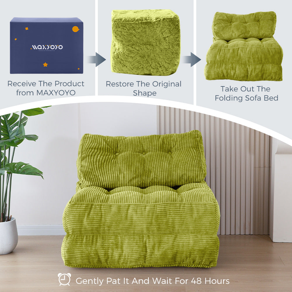 MAXYOYO Corduroy Folding Sofa Bed, Convertible Sleeper Chair with Pillow Foldable Mattress with Back Support, Green