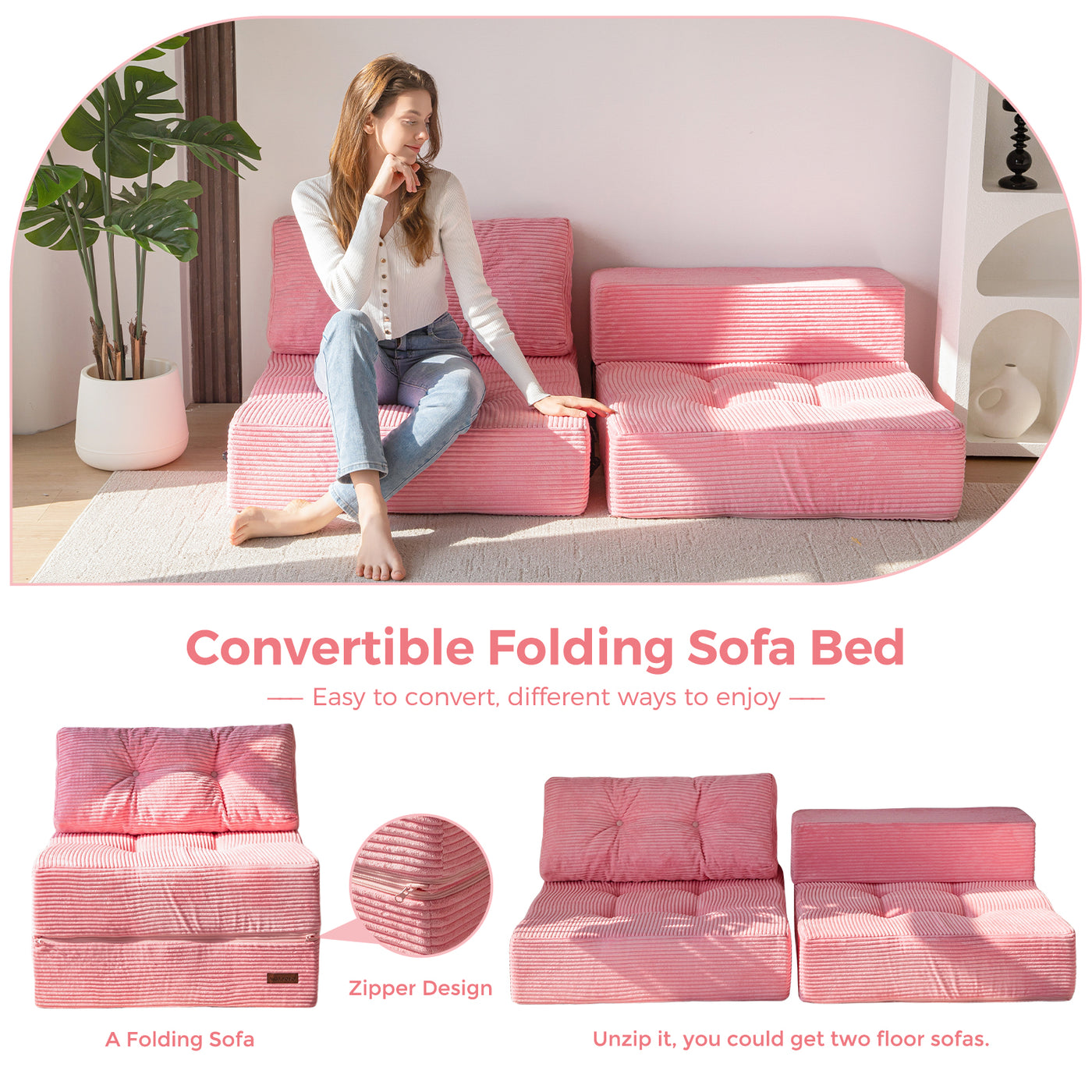 MAXYOYO Folding Sofa Bed, Convertible Sofa Bed with High-Density Support Foam for Living Room Bedroom, Pink