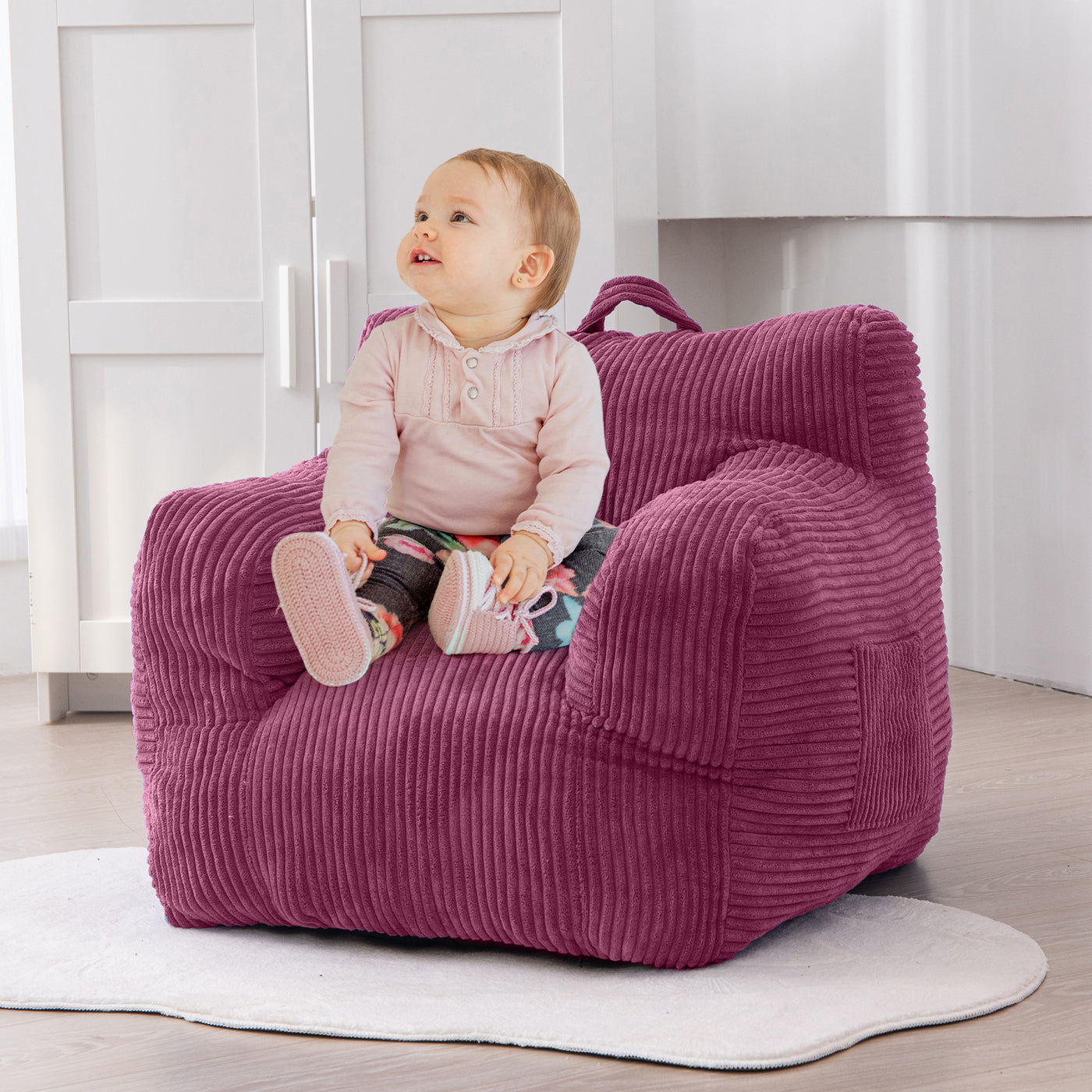 MAXYOYO Kids Bean Bag Chair, Corduroy Bean Bag Couch with Armrests for Children's Room (Rose Pink)