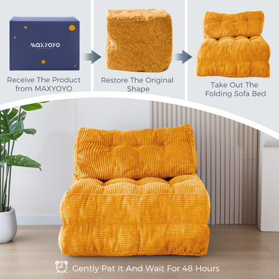 MAXYOYO Corduroy Folding Sofa Bed, Convertible Sleeper Chair with Pillow Foldable Mattress with Back Support, Orange