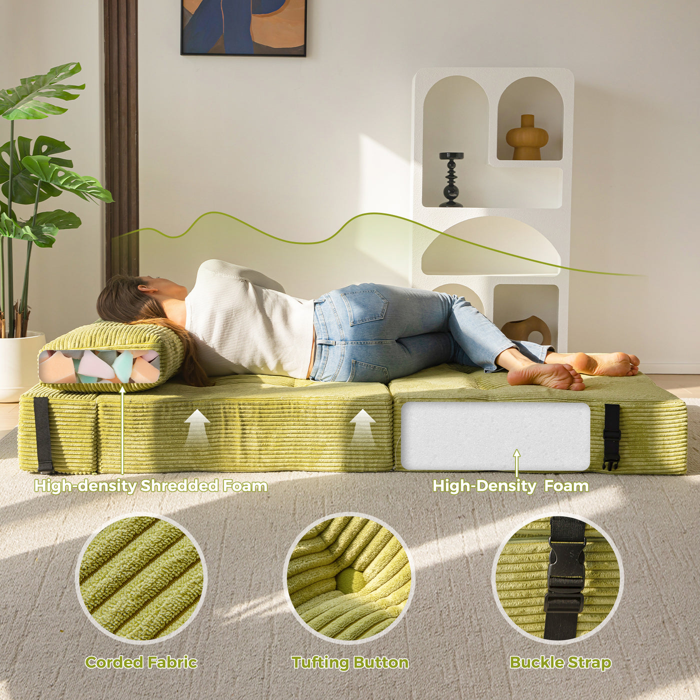 MAXYOYO Folding Sofa Bed, Convertible Sofa Bed with High-Density Support Foam for Living Room Bedroom, Green