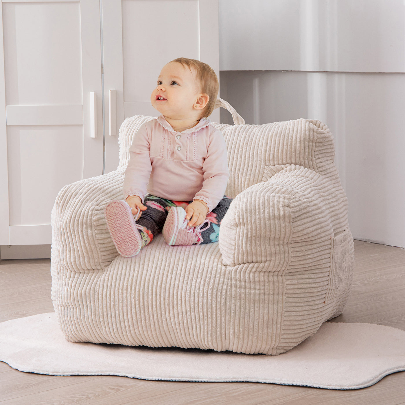 MAXYOYO Kids Bean Bag Chair, Corduroy Bean Bag Couch with Armrests for Children's Room (White)