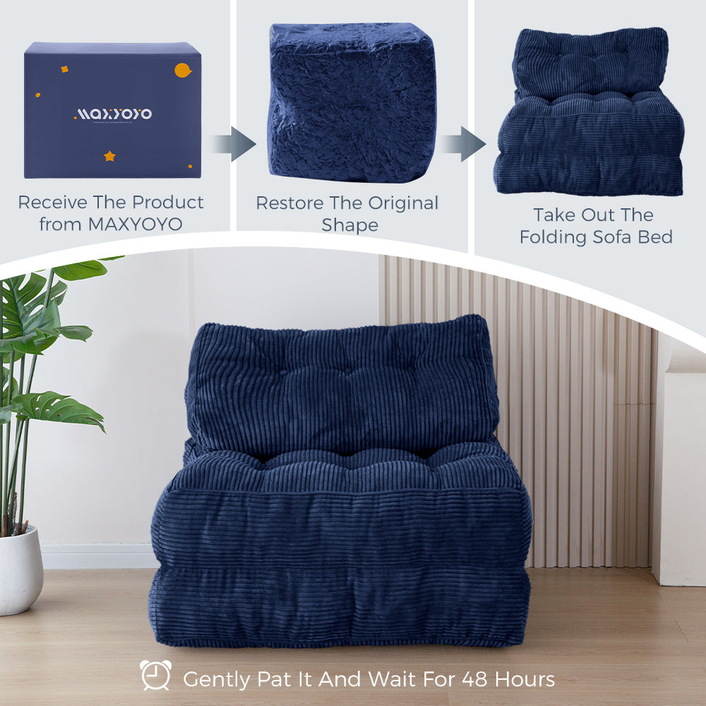 MAXYOYO Corduroy Folding Sofa Bed, Convertible Sleeper Chair with Pillow Foldable Mattress with Back Support, Navy