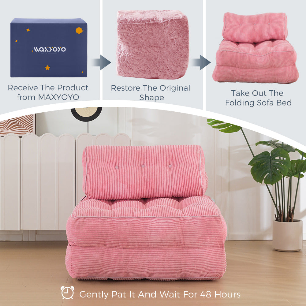 MAXYOYO Corduroy Folding Sofa Bed, Convertible Sleeper Chair with Pillow Foldable Mattress with Back Support, Pink