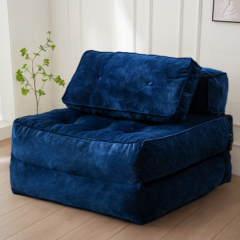 MAXYOYO Folding Sofa Bed, Velvet Convertible Sleeper Chair with Pillow Portable Fold Out Chair Bed, Navy