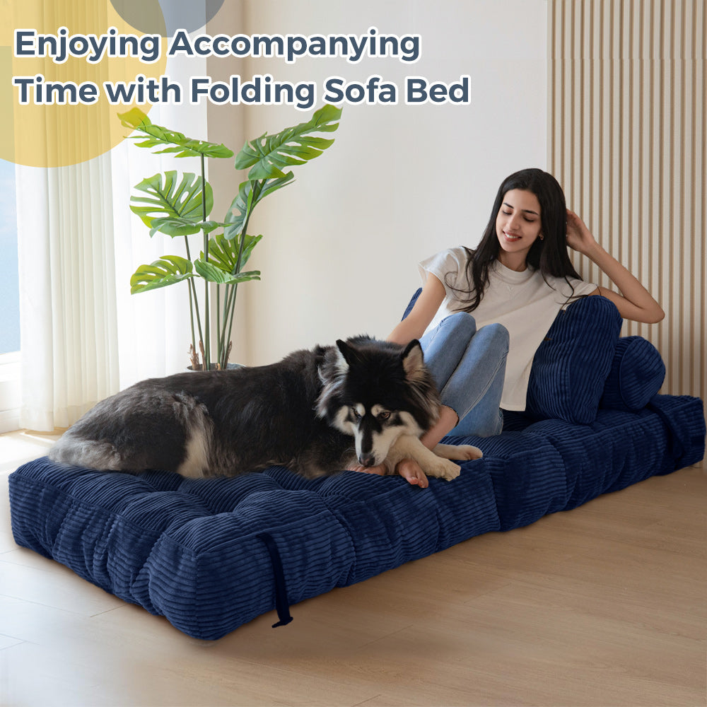 MAXYOYO Corduroy Folding Sofa Bed, Convertible Sleeper Chair with Pillow Foldable Mattress with Back Support, Navy