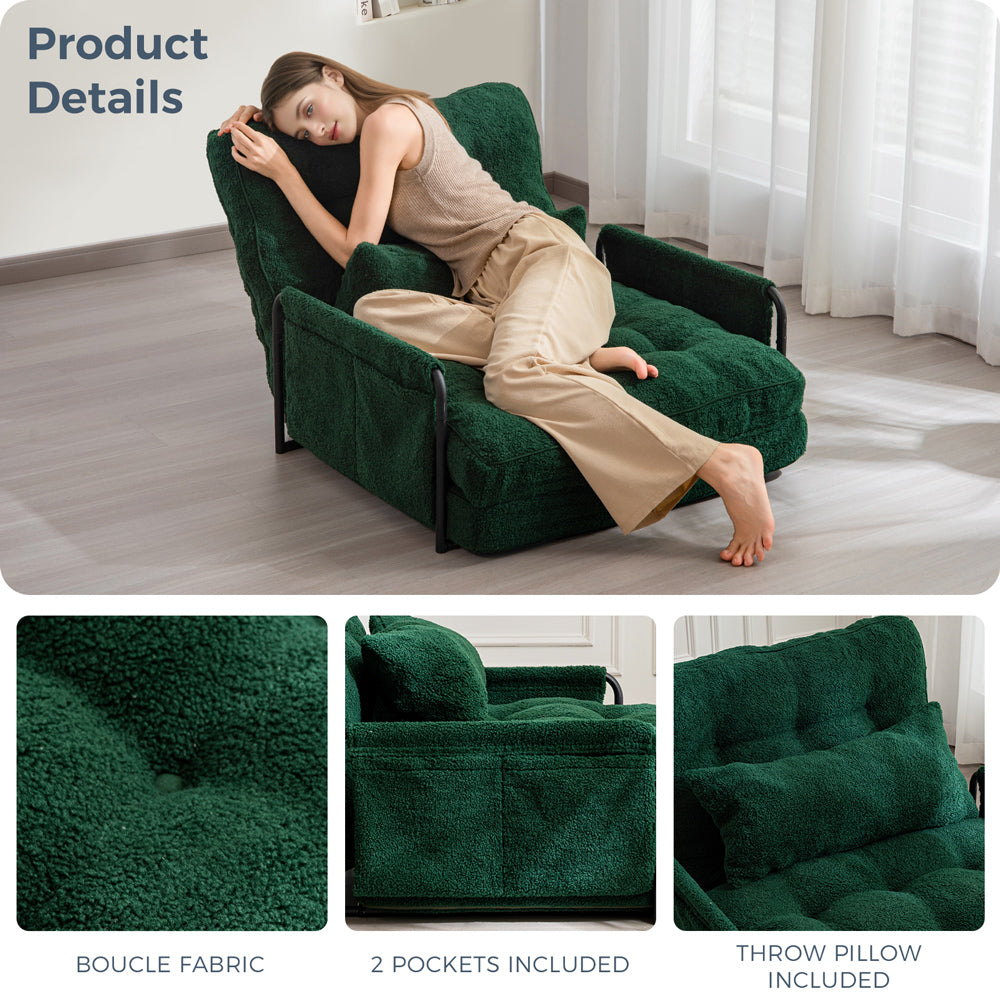 MAXYOYO Adjustable Floor Sofa Couch with Pillow, Boucle Convertible Lazy Sofa Sleeper Bed with Armrest, Single, Green