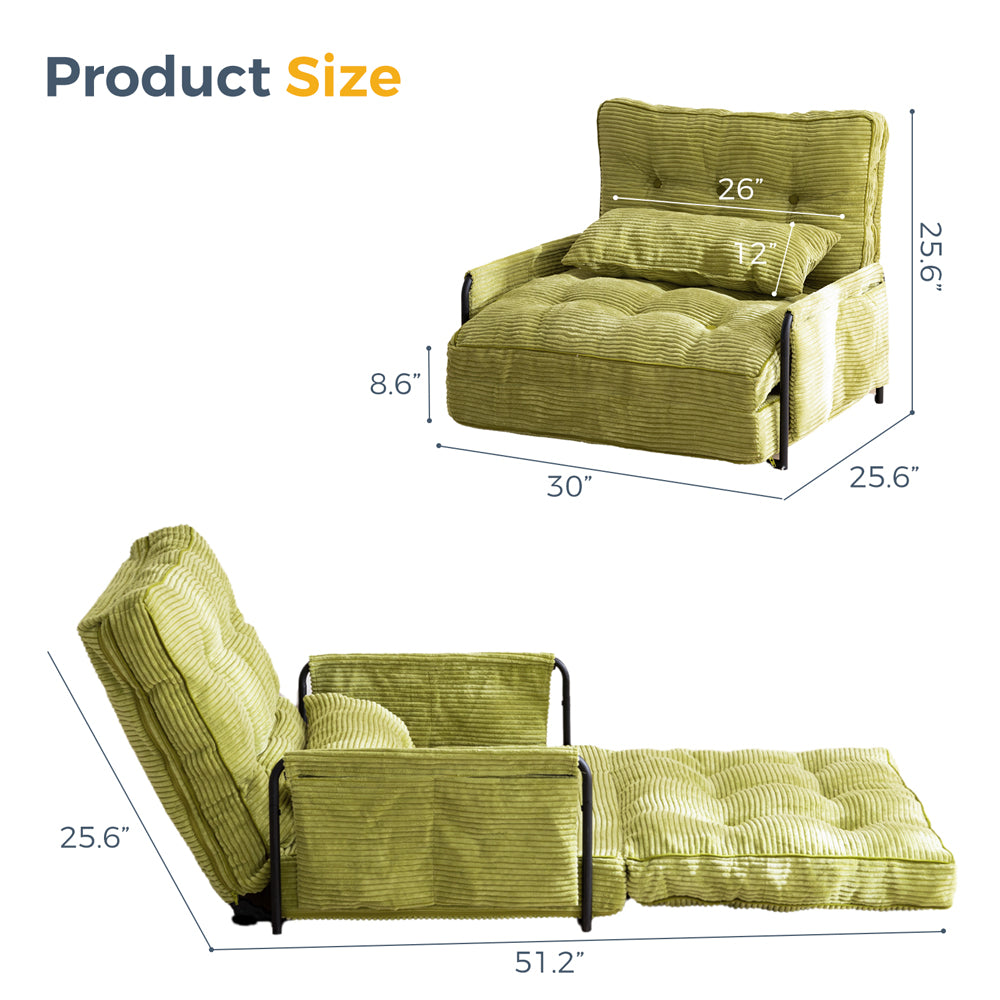 MAXYOYO Adjustable Floor Sofa Couch with Pillow, 5-Position Foldable Lazy Sofa Sleeper Bed with Armrest, Single Size, Green