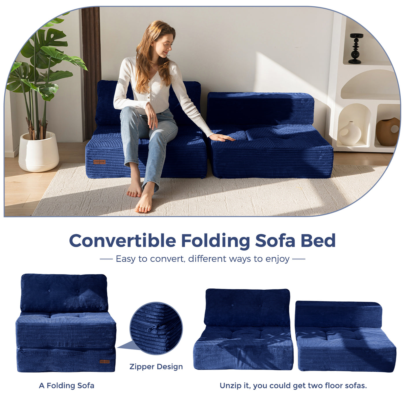 MAXYOYO Folding Sofa Bed, Convertible Sofa Bed with High-Density Support Foam for Living Room Bedroom, Navy