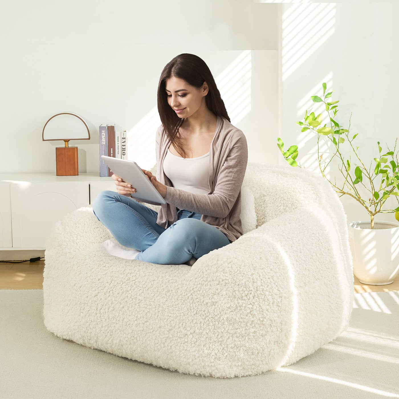 MAXYOYO Bean Bag Chair with Pillow, Wool Comfy Large Bean Bag Chair Couch for Reading and Gaming, Cream