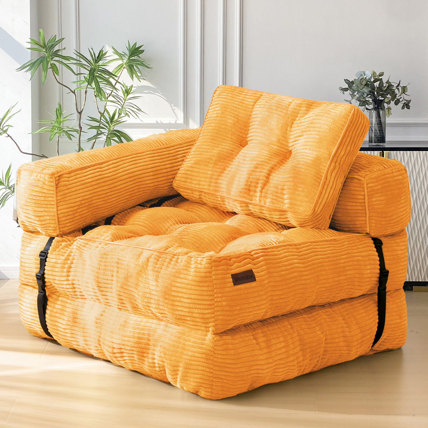 MAXYOYO Folding Sofa Bed, L-Shaped Convertible Sofa Bed with Armrest Foldable Sleeper Sofa, Orange