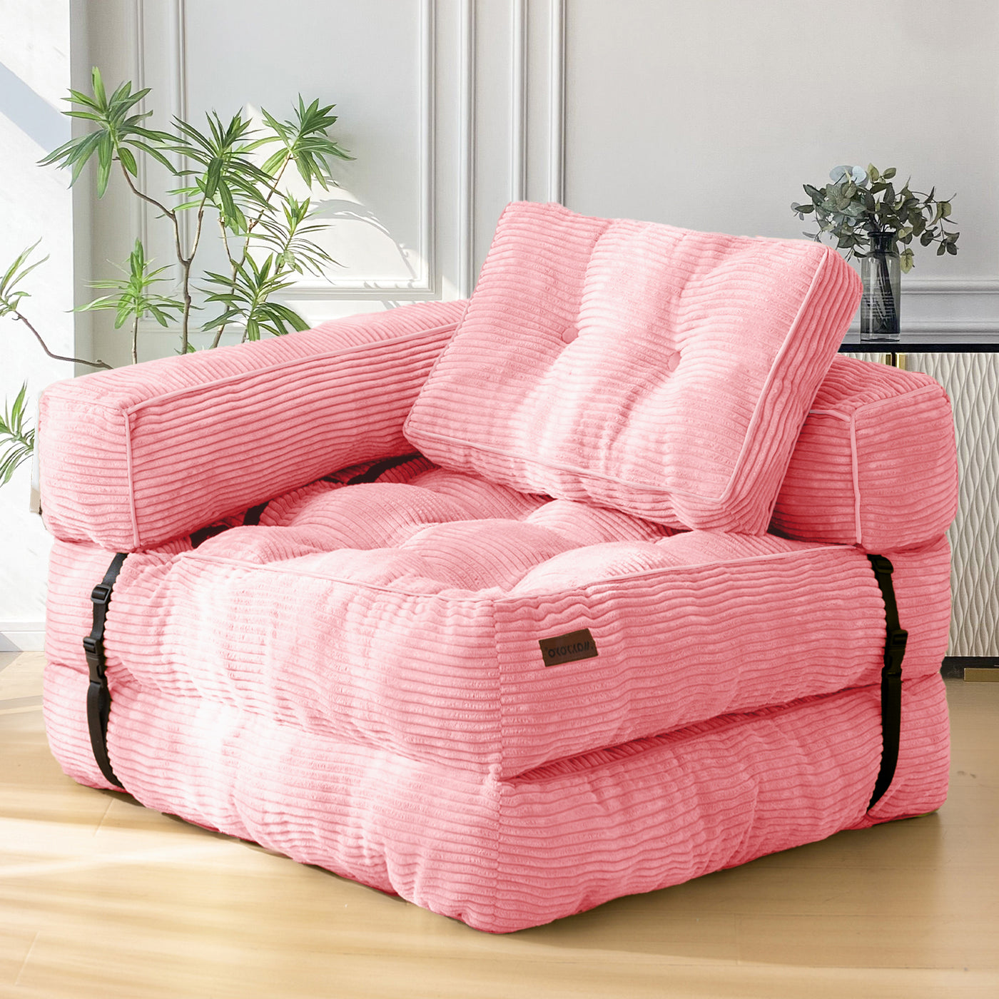 MAXYOYO Folding Sofa Bed, L-Shaped Convertible Sofa Bed with Armrest Foldable Sleeper Sofa, Pink