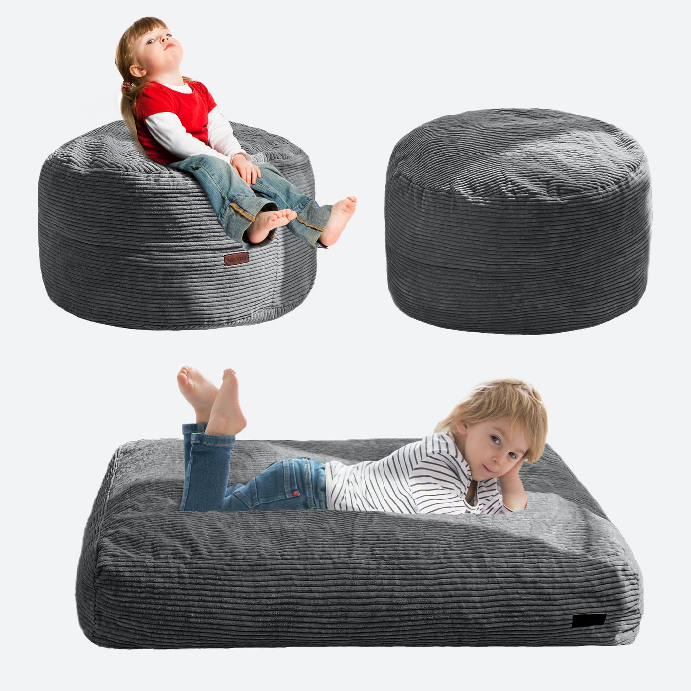 MAXYOYO Corduroy Bean Bag Chair Bed for Kids, Convertible Bean Bag Folds from Chair to Floor Mattress, Dark Grey