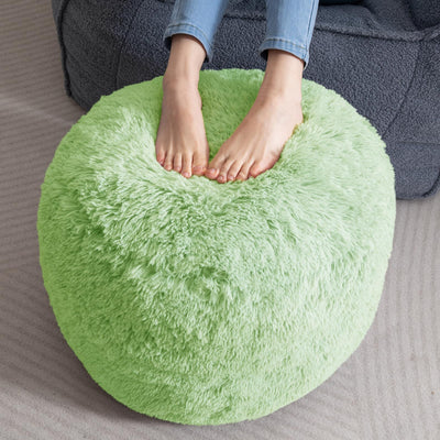 MAXYOYO Round Stuffed Pouf Ottoman, Long Faux Fur Poufs with Foam Chunk Filling, Green