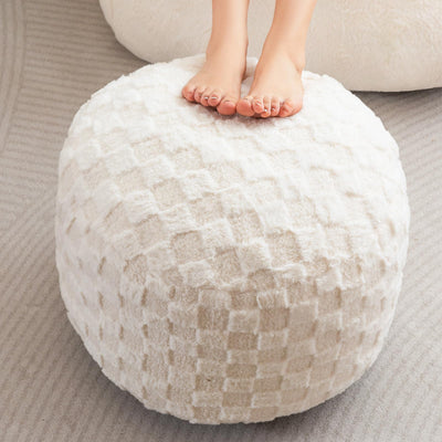 MAXYOYO Round Stuffed Pouf Ottoman, Plaid Poufs with Foam Chunk Filling, 20 X 15In, Beige