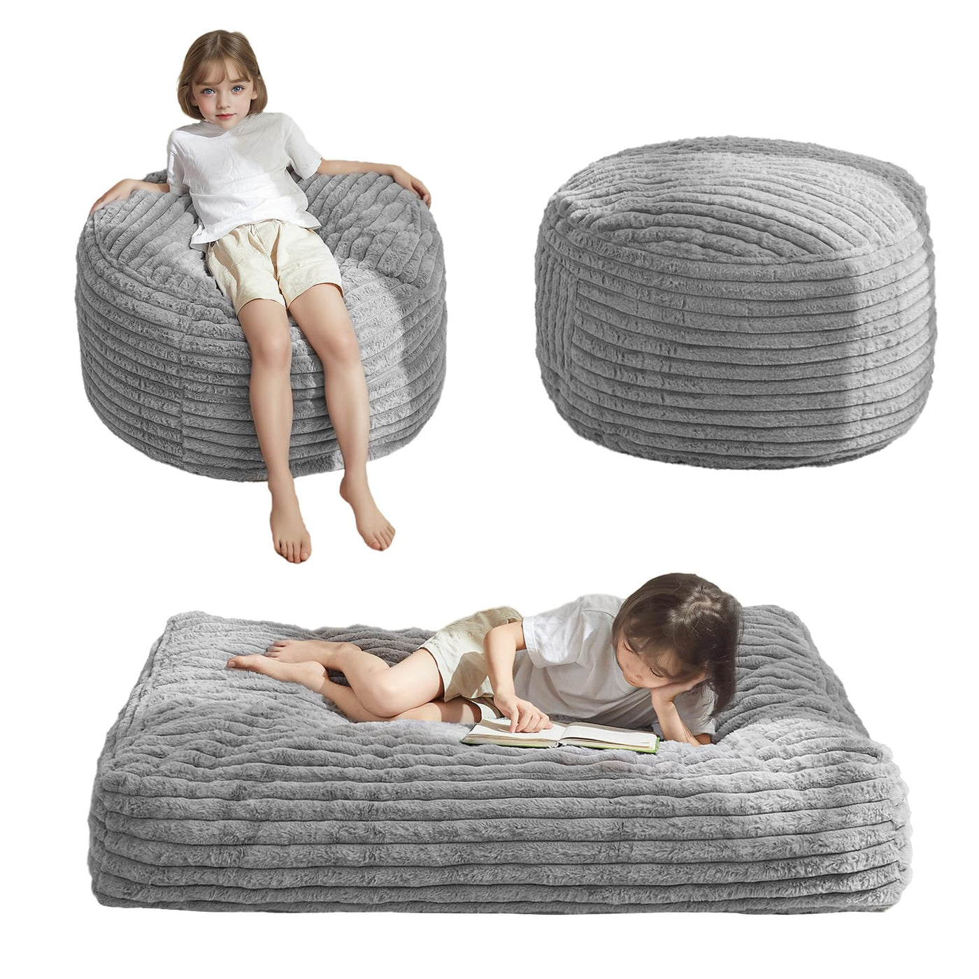 MAXYOYO Kids Bean Bag Chair Bed, Convertible Children Bean Chair to Floor Mattress, Grey