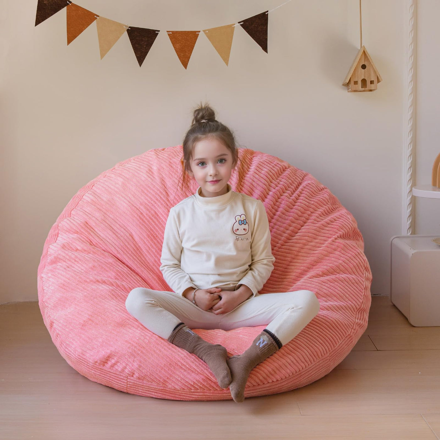 MAXYOYO 3-in-1 Kids Convertible Bean Bag Chair & Bed, Corduroy Round Child Floor Sofa for Gaming, Reading, Pink