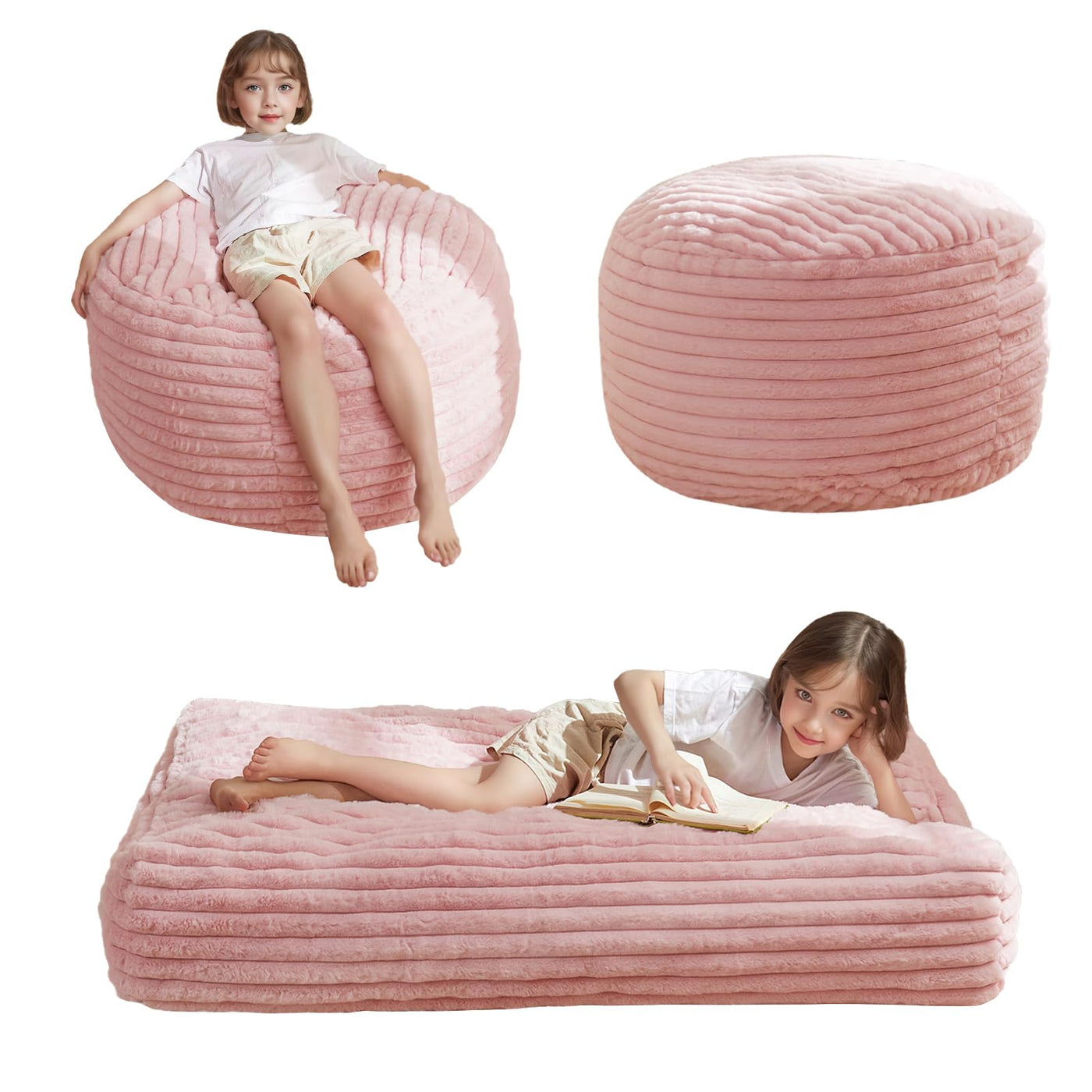 MAXYOYO Kids Bean Bag Chair Bed, Convertible Children Bean Chair to Floor Mattress, Pink