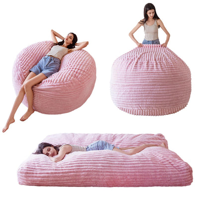 MAXYOYO Giant Bean Bag Chair Bed for Adults, Striped Faux Fur Convertible Beanbag Folds from Lazy Chair to Floor Bed, Pink