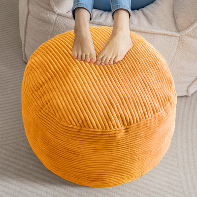 MAXYOYO Round Stuffed Pouf Ottoman, Corduroy Poufs with Foam Chunk Filling, 20 X 15In, Orange