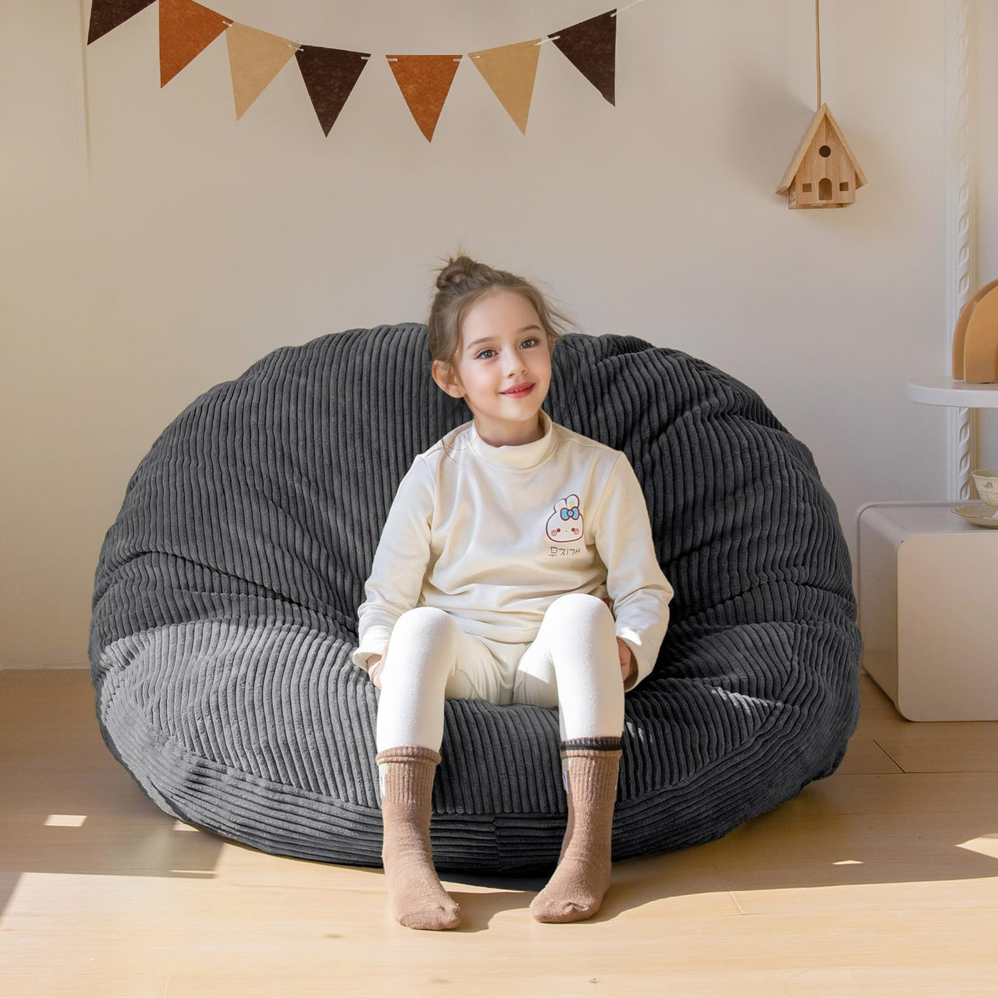 MAXYOYO 3-in-1 Kids Convertible Bean Bag Chair & Bed, Corduroy Round Child Floor Sofa for Gaming, Reading, Dark Grey