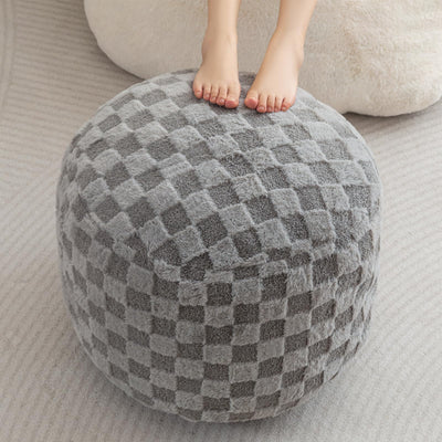 MAXYOYO Round Stuffed Pouf Ottoman, Plaid Poufs with Foam Chunk Filling, 20 X 15In, Grey