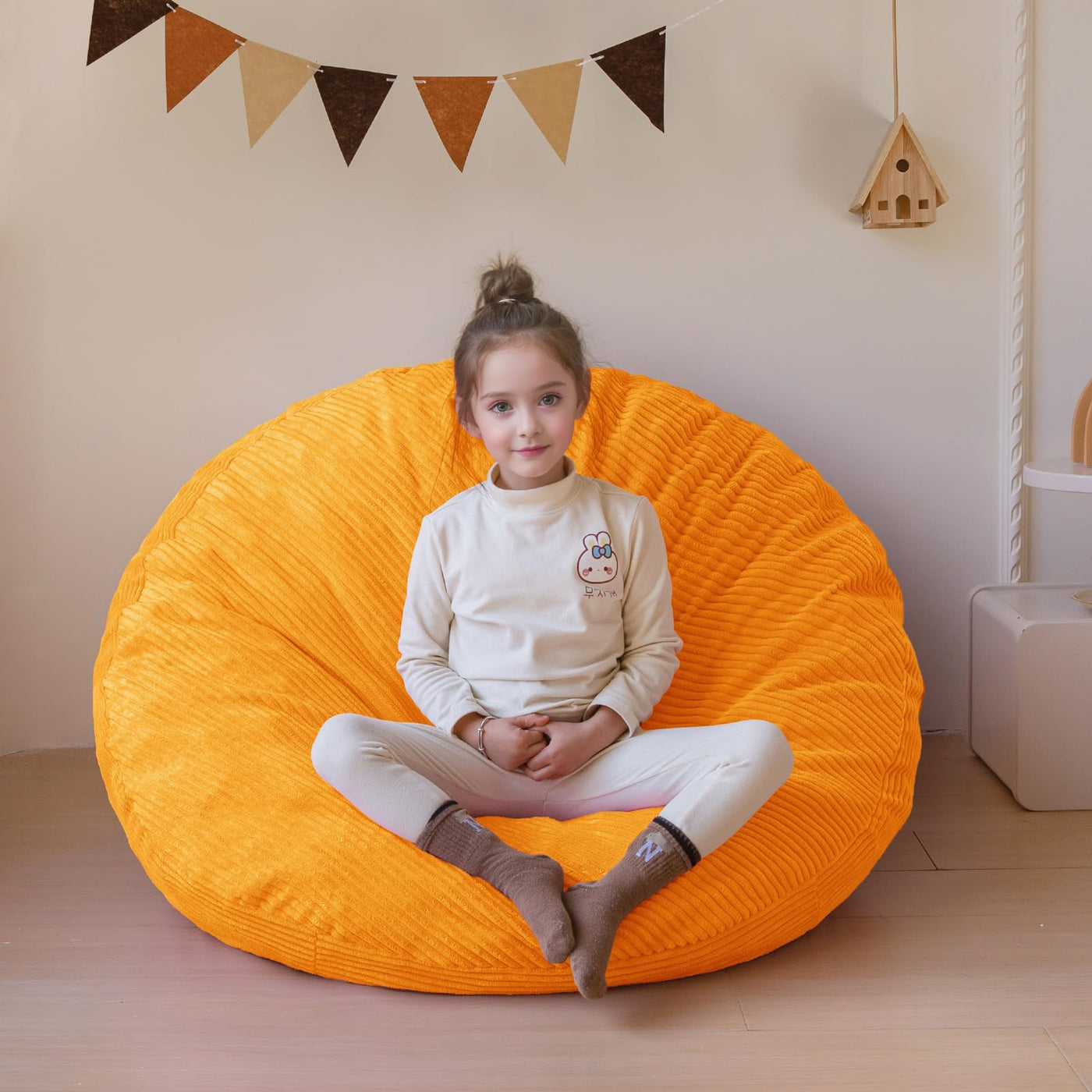 MAXYOYO 3-in-1 Kids Convertible Bean Bag Chair & Bed, Corduroy Round Child Floor Sofa for Gaming, Reading, Orange