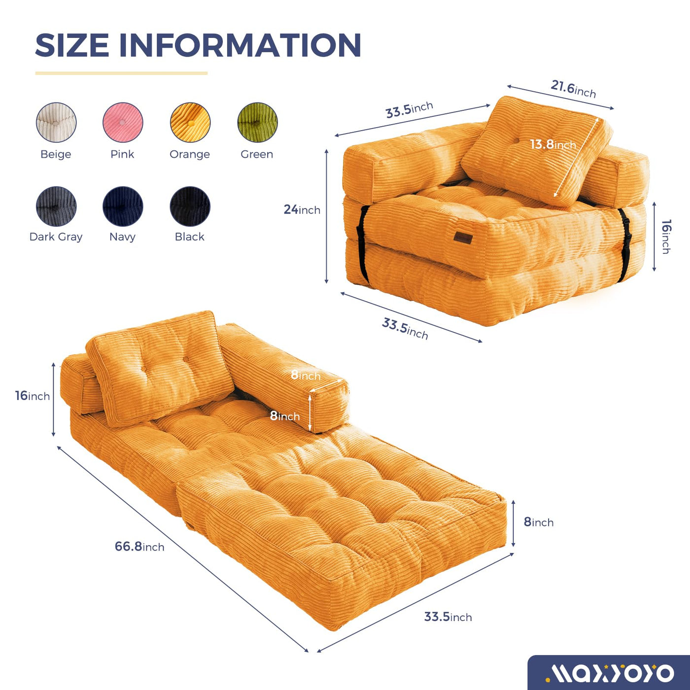 MAXYOYO Folding Sofa Bed, L-Shaped Convertible Sofa Bed with Armrest Foldable Sleeper Sofa, Orange