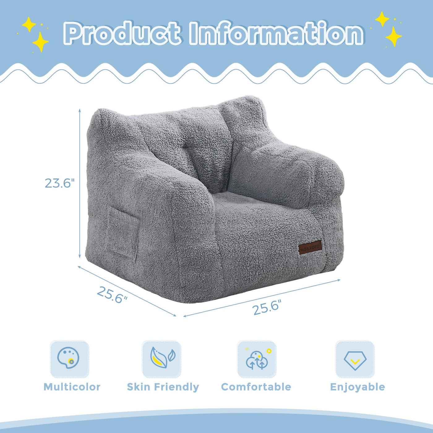 MAXYOYO Kids Sherpa Bean Bag Chair, Teddy Lazy Sofa for Girls and Boys,  Grey