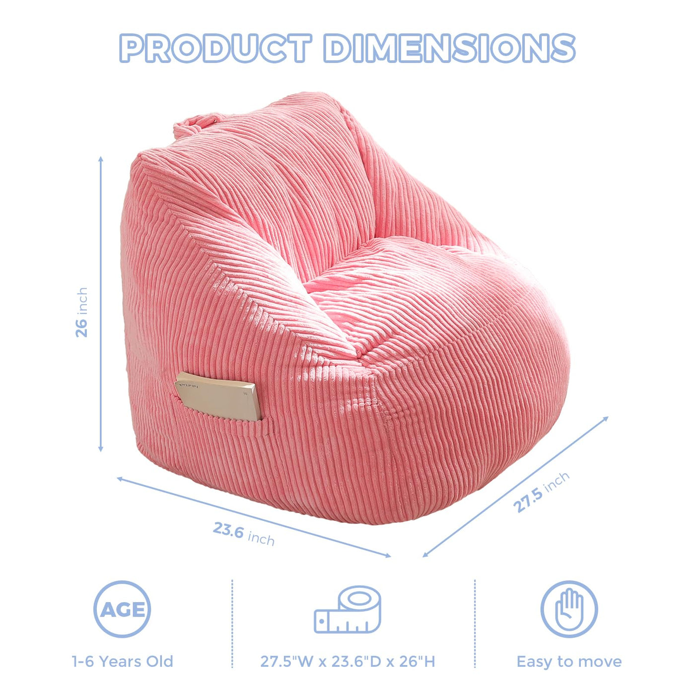 MAXYOYO Kids Bean Bag Chair, Corduroy Bean Bag Couch with Handle and Pocket for Gaming Reading Relaxing, Pink