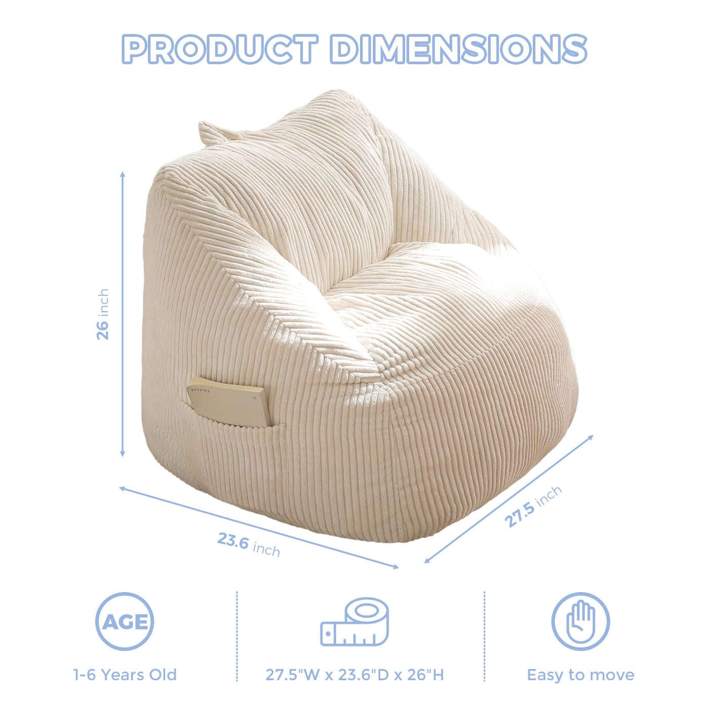 MAXYOYO Kids Bean Bag Chair, Corduroy Bean Bag Couch with Handle and Pocket for Gaming Reading Relaxing, Beige