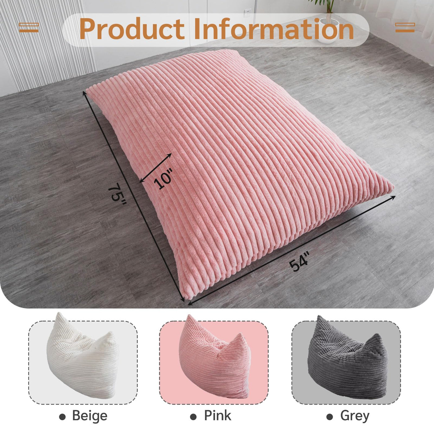 MAXYOYO 3 in 1 Bean Bag Chairs, Soft Striped Faux Fur Convertible Large Floor Pillow BeanBag, Pink