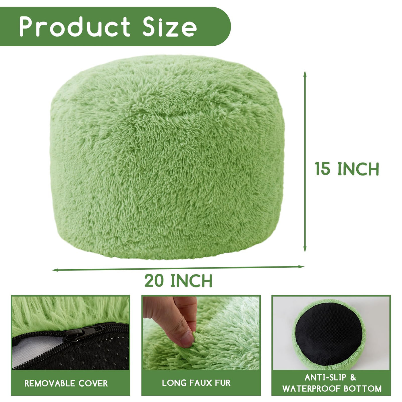 MAXYOYO Round Stuffed Pouf Ottoman, Long Faux Fur Poufs with Foam Chunk Filling, Green