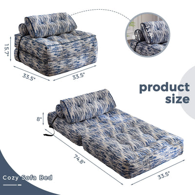 MAXYOYO Folding Sofa Bed, Convertible Sleeper Chair with Pillow, Soft Fold Out Chair Bed, Mix Blue