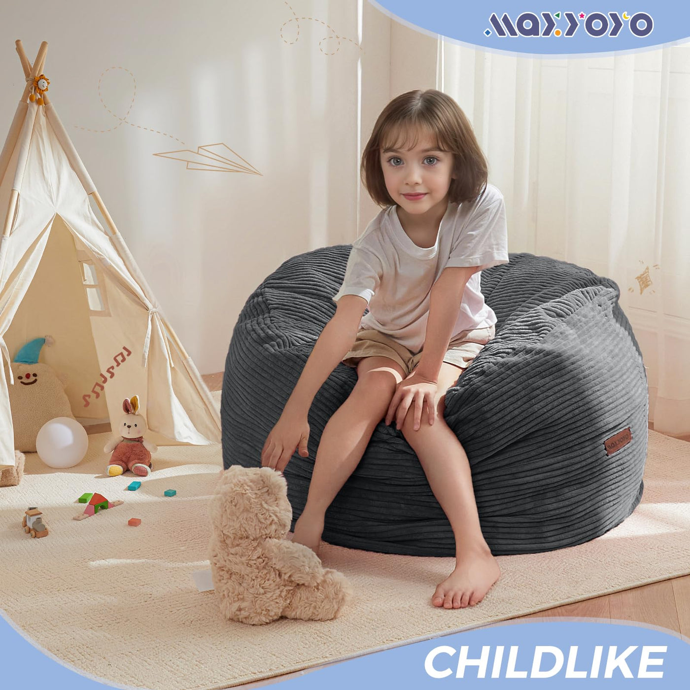 MAXYOYO Corduroy Bean Bag Chair Bed for Kids, Convertible Bean Bag Folds from Chair to Floor Mattress, Dark Grey