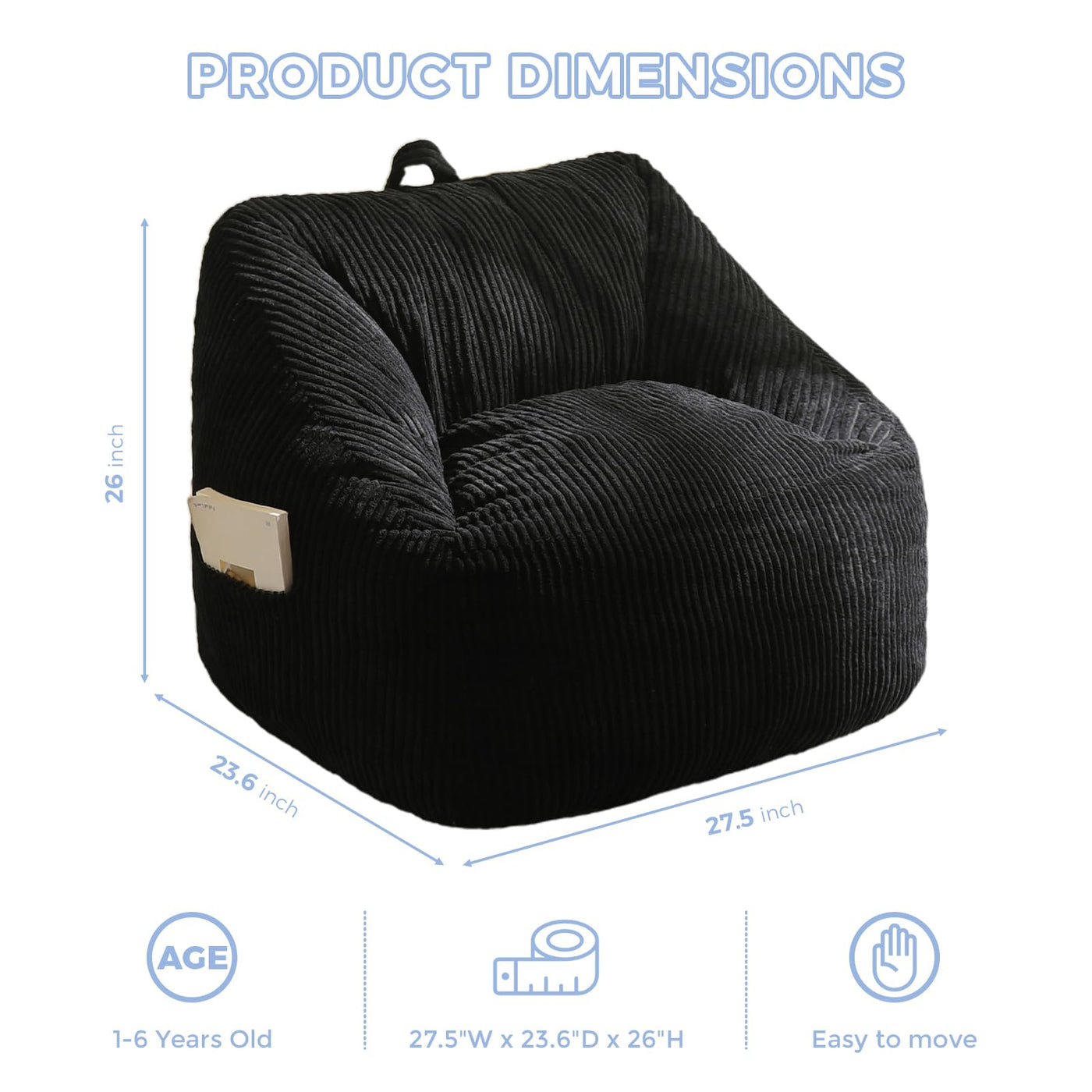 MAXYOYO Kids Bean Bag Chair, Corduroy Bean Bag Couch with Handle and Pocket for Gaming Reading Relaxing, Black