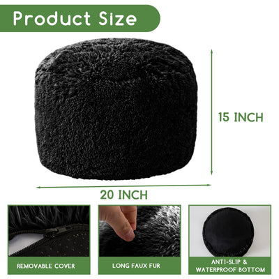 MAXYOYO Round Stuffed Pouf Ottoman, Long Faux Fur Poufs with Foam Chunk Filling, Black