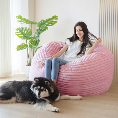 MAXYOYO Giant Bean Bag Chair Bed for Adults, Striped Faux Fur Convertible Beanbag Folds from Lazy Chair to Floor Bed, Pink