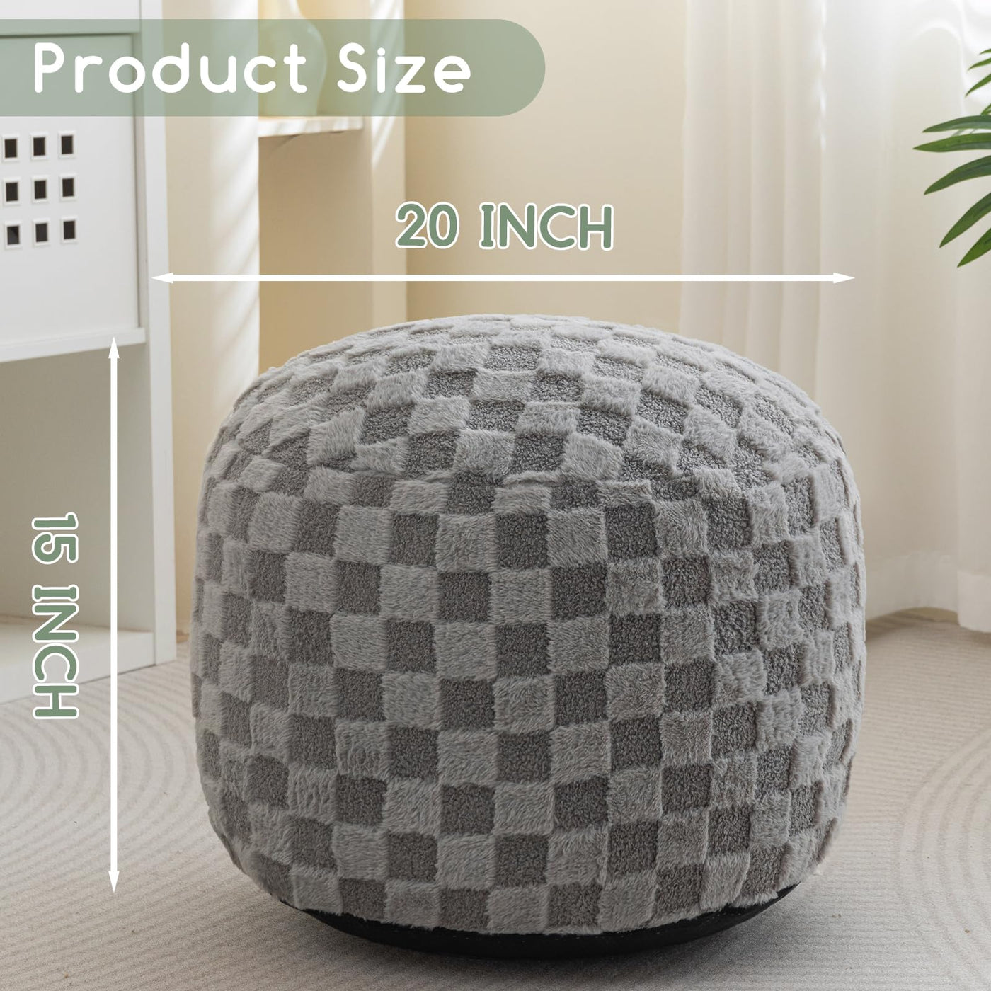 MAXYOYO Round Stuffed Pouf Ottoman, Plaid Poufs with Foam Chunk Filling, 20 X 15In, Grey