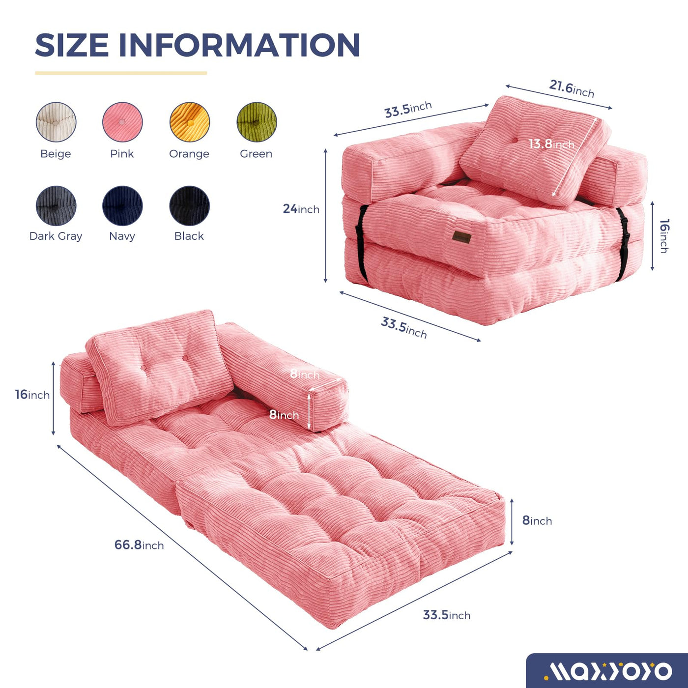 MAXYOYO Folding Sofa Bed, L-Shaped Convertible Sofa Bed with Armrest Foldable Sleeper Sofa, Pink