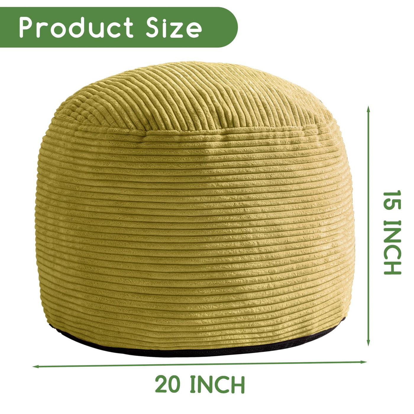 MAXYOYO Round Stuffed Pouf Ottoman, Corduroy Poufs with Foam Chunk Filling, 20 X 15In, Green