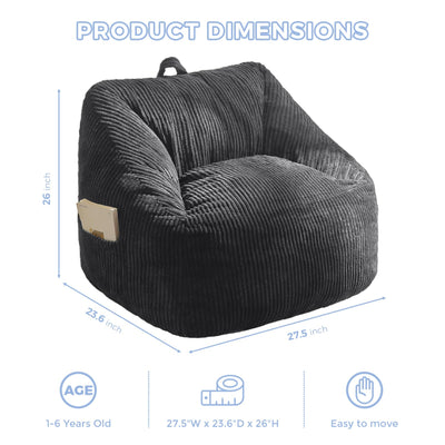 MAXYOYO Kids Bean Bag Chair, Corduroy Bean Bag Couch with Handle and Pocket for Gaming Reading Relaxing, Dark Grey